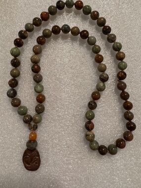 African Green Opal Bead Necklace with Shibuichi Mermaid Pendant